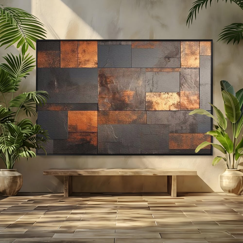 Tablou canvas cu tablou canvas cu placi geometrice metalice, in rama de aluminiu negru